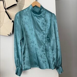 Vintage “silk” blouse top teal floral large kimono button up